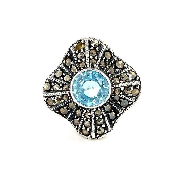 Stunning Sterling Silver Round Topaz / Marcasites Ring - Picture 1 of 10